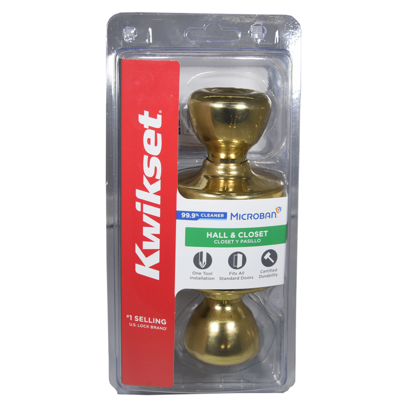 Kwikset 200T3CPRCLRCS Door Knob, Polished Brass, 1-3/8 to 1-3/4 in Thick Door, 2-1/4 in Strike